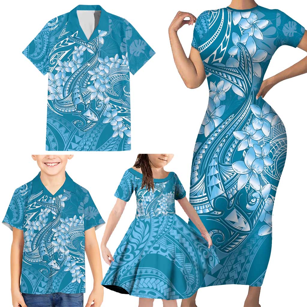 Blue Polynesia Hammerhead Shark Tattoo With Plumeria Lei Family Matching Short Sleeve Bodycon Dress and Hawaiian Shirt LT14 - Polynesian Pride