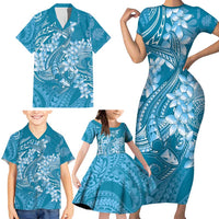 Blue Polynesia Hammerhead Shark Tattoo With Plumeria Lei Family Matching Short Sleeve Bodycon Dress and Hawaiian Shirt LT14 - Polynesian Pride