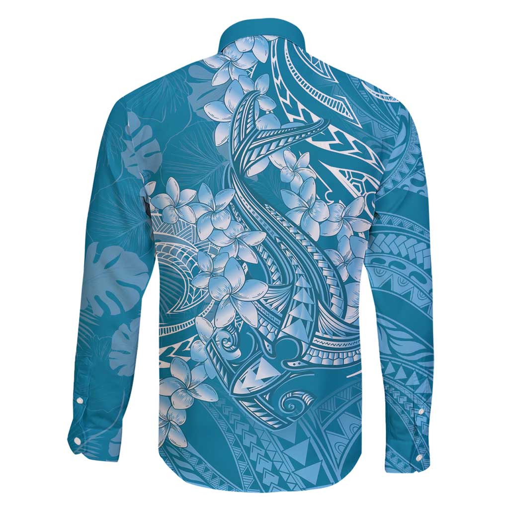 Blue Polynesia Hammerhead Shark Tattoo With Plumeria Lei Family Matching Short Sleeve Bodycon Dress and Hawaiian Shirt LT14 - Polynesian Pride