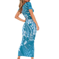 Blue Polynesia Hammerhead Shark Tattoo With Plumeria Lei Family Matching Short Sleeve Bodycon Dress and Hawaiian Shirt LT14 - Polynesian Pride