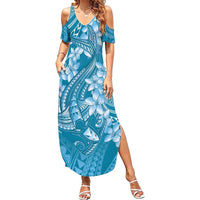 Blue Polynesia Hammerhead Shark Tattoo With Plumeria Lei Family Matching Summer Maxi Dress and Hawaiian Shirt LT14 Mom's Dress Blue - Polynesian Pride