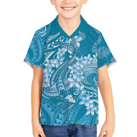 Blue Polynesia Hammerhead Shark Tattoo With Plumeria Lei Family Matching Summer Maxi Dress and Hawaiian Shirt LT14 Son's Shirt Blue - Polynesian Pride