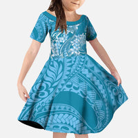 Blue Polynesia Hammerhead Shark Tattoo With Plumeria Lei Family Matching Tank Maxi Dress and Hawaiian Shirt LT14 Daughter's Dress Blue - Polynesian Pride