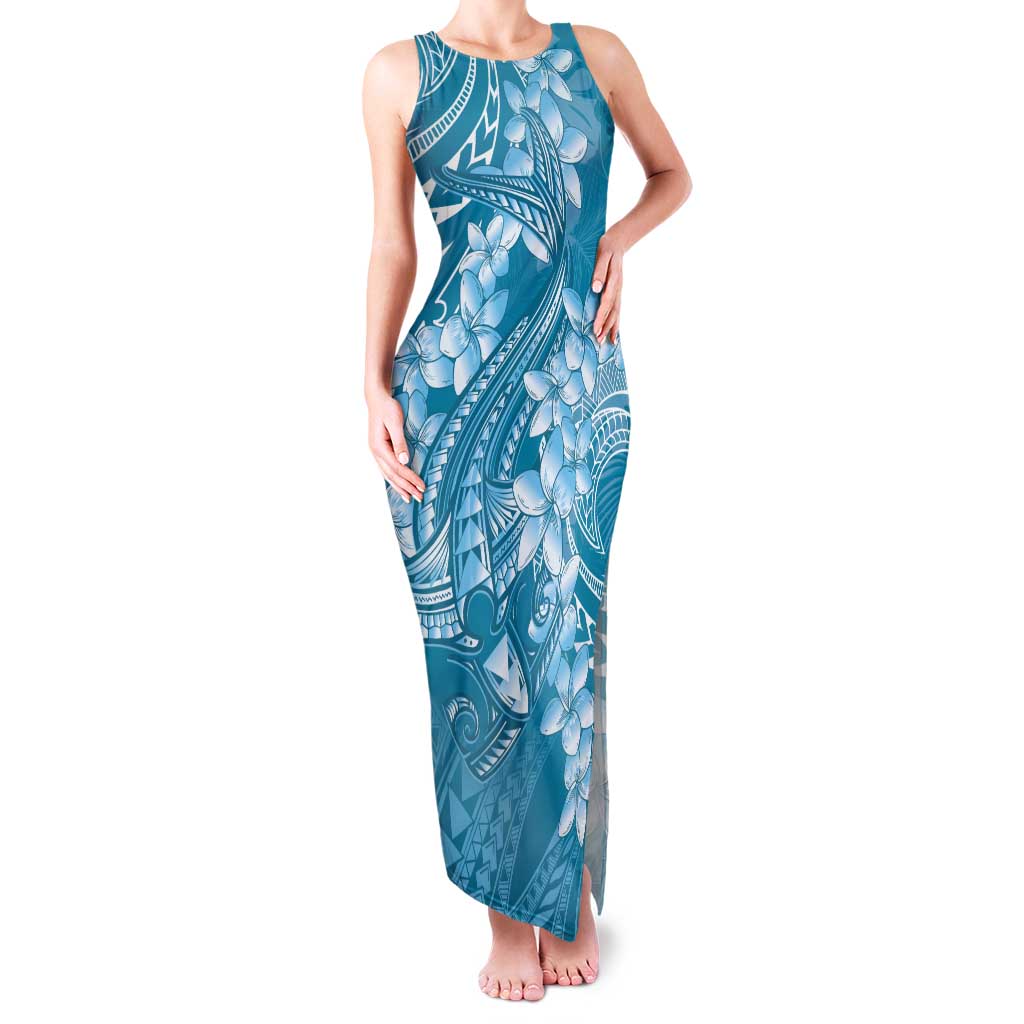 Blue Polynesia Hammerhead Shark Tattoo With Plumeria Lei Family Matching Tank Maxi Dress and Hawaiian Shirt LT14 Mom's Dress Blue - Polynesian Pride