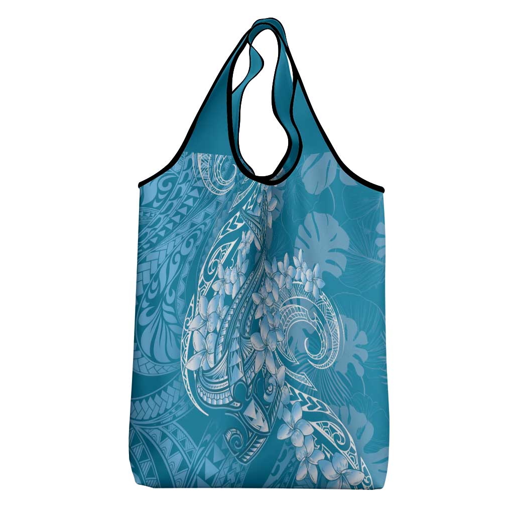 Blue Polynesia Hammerhead Shark Tattoo With Plumeria Lei Grocery Bag