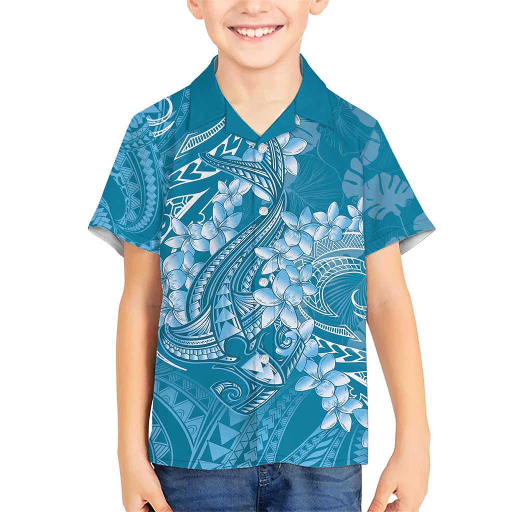 Blue Polynesia Hammerhead Shark Tattoo With Plumeria Lei Hawaiian Shirt