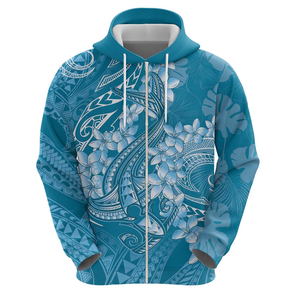 Blue Polynesia Hammerhead Shark Tattoo With Plumeria Lei Hoodie