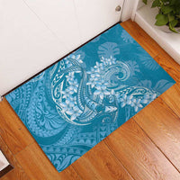 Blue Polynesia Hammerhead Shark Tattoo With Plumeria Lei Rubber Doormat