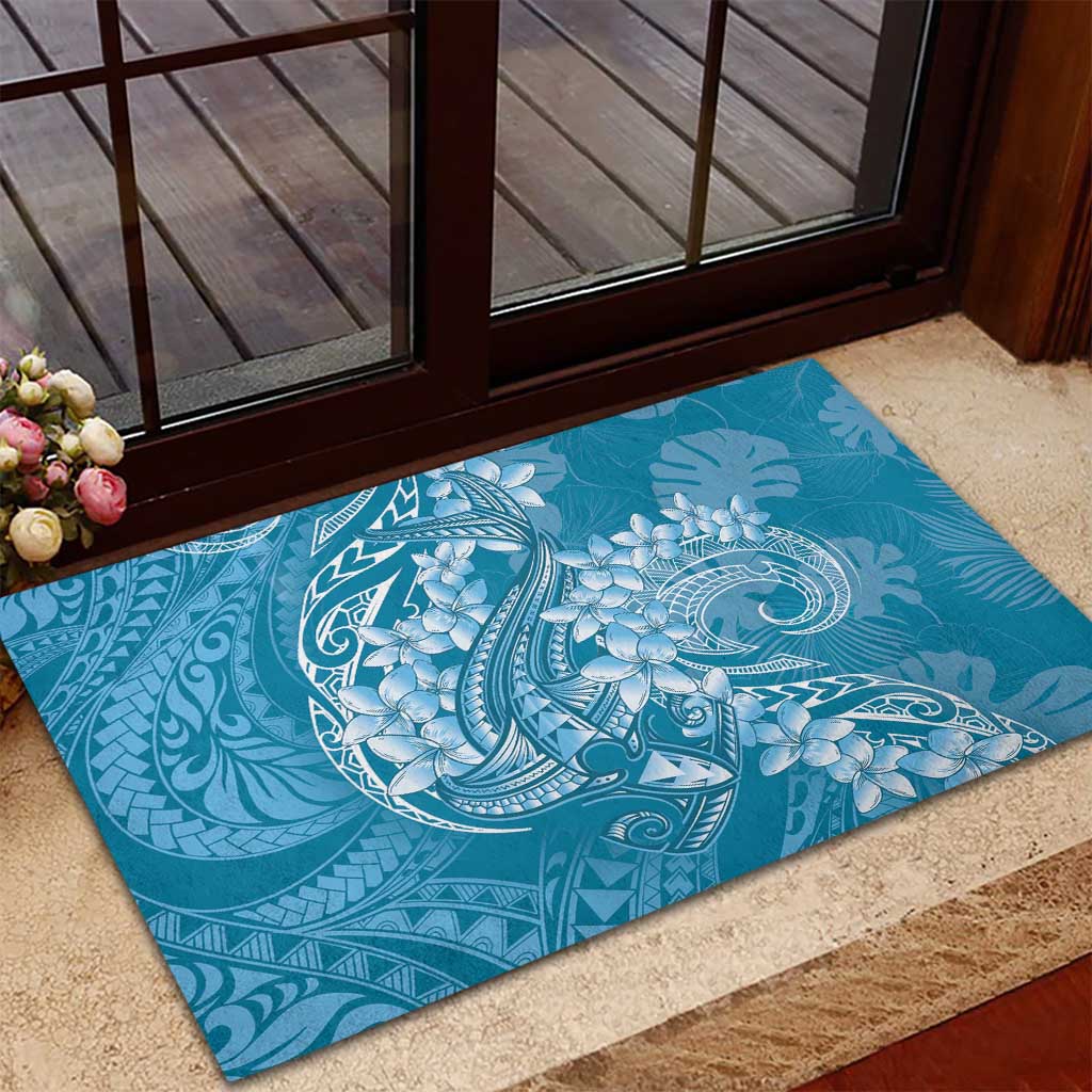 Blue Polynesia Hammerhead Shark Tattoo With Plumeria Lei Rubber Doormat
