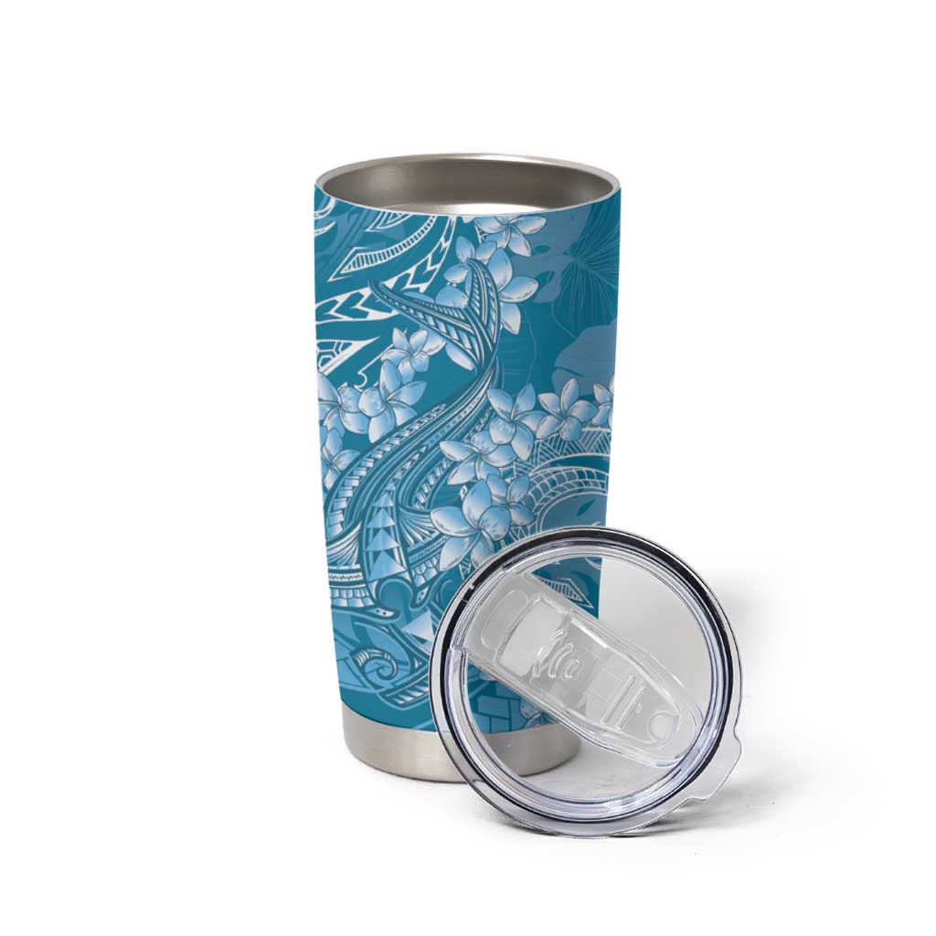 Blue Polynesia Hammerhead Shark Tattoo With Plumeria Lei Tumbler Cup