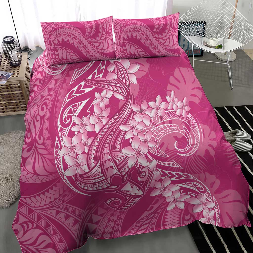 Pink Polynesia Hammerhead Shark Tattoo With Plumeria Lei Bedding Set