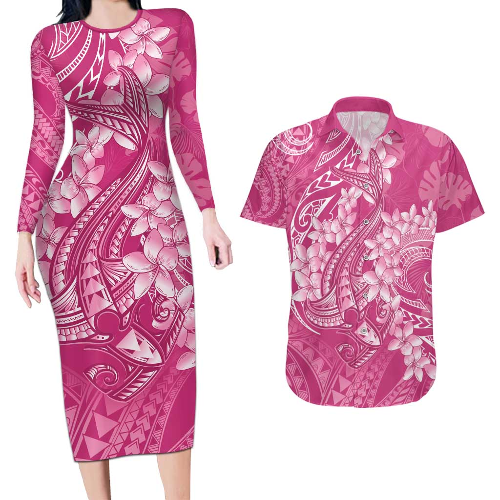 Pink Polynesia Hammerhead Shark Tattoo With Plumeria Lei Couples Matching Long Sleeve Bodycon Dress and Hawaiian Shirt LT14 Pink - Polynesian Pride
