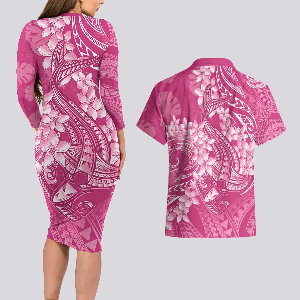 Pink Polynesia Hammerhead Shark Tattoo With Plumeria Lei Couples Matching Long Sleeve Bodycon Dress and Hawaiian Shirt LT14 - Polynesian Pride