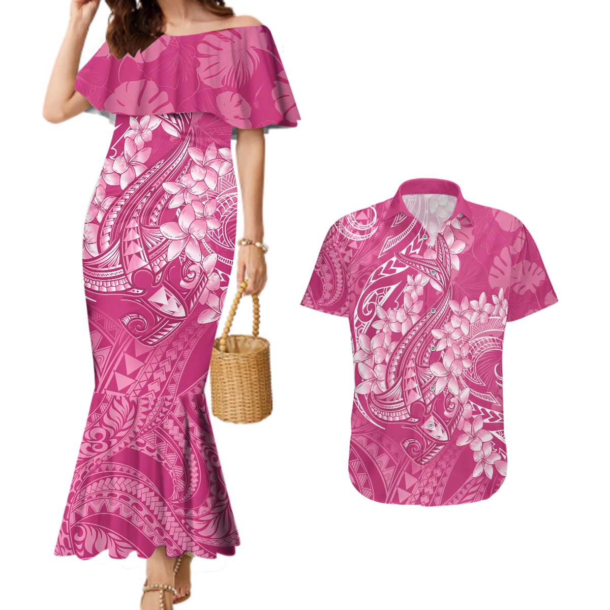 Pink Polynesia Hammerhead Shark Tattoo With Plumeria Lei Couples Matching Mermaid Dress and Hawaiian Shirt LT14 Pink - Polynesian Pride