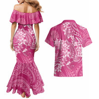Pink Polynesia Hammerhead Shark Tattoo With Plumeria Lei Couples Matching Mermaid Dress and Hawaiian Shirt LT14 - Polynesian Pride