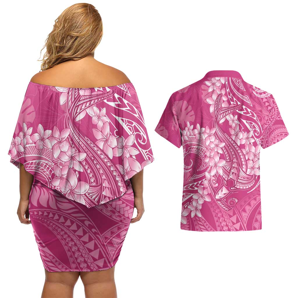Pink Polynesia Hammerhead Shark Tattoo With Plumeria Lei Couples Matching Off Shoulder Short Dress and Hawaiian Shirt LT14 - Polynesian Pride