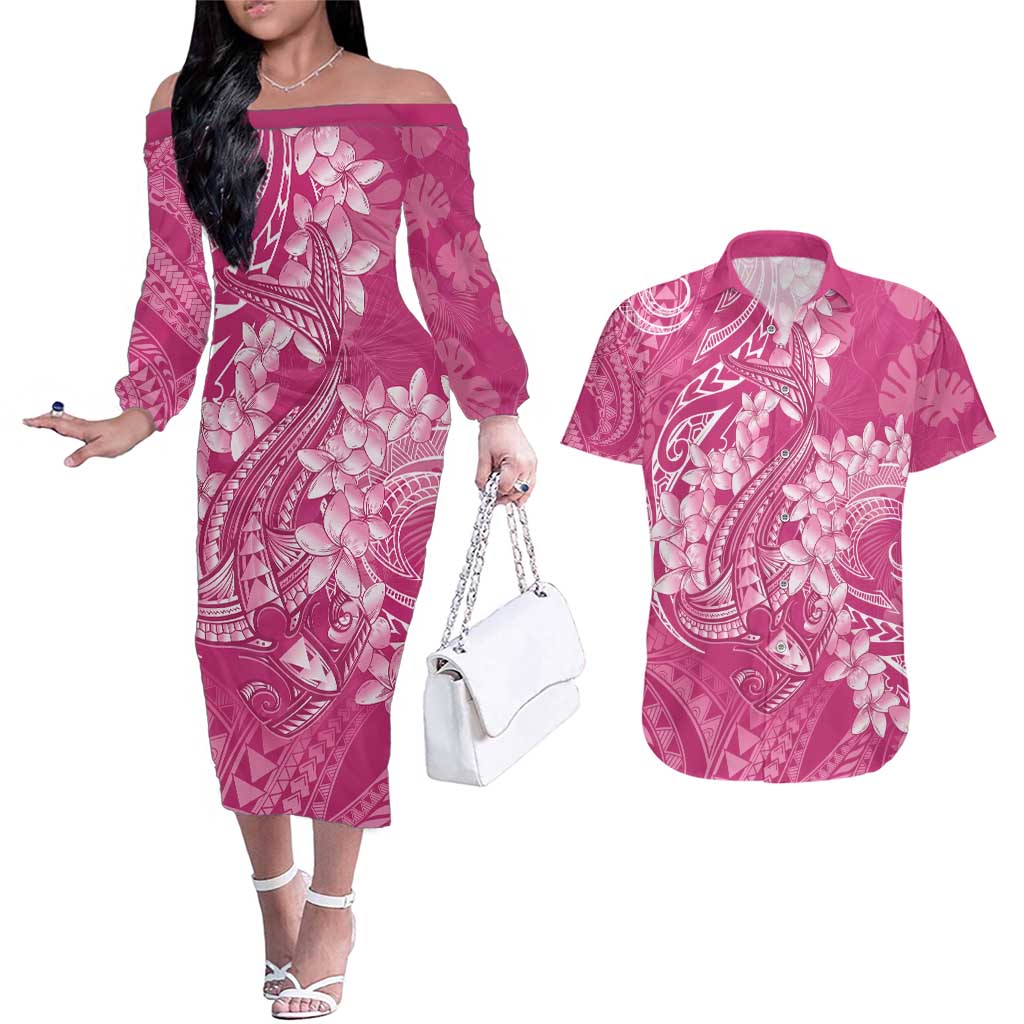 Pink Polynesia Hammerhead Shark Tattoo With Plumeria Lei Couples Matching Off The Shoulder Long Sleeve Dress and Hawaiian Shirt LT14 Pink - Polynesian Pride