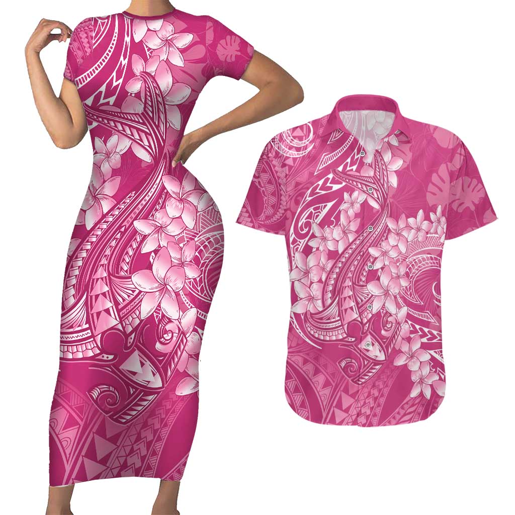 Pink Polynesia Hammerhead Shark Tattoo With Plumeria Lei Couples Matching Short Sleeve Bodycon Dress and Hawaiian Shirt LT14 Pink - Polynesian Pride