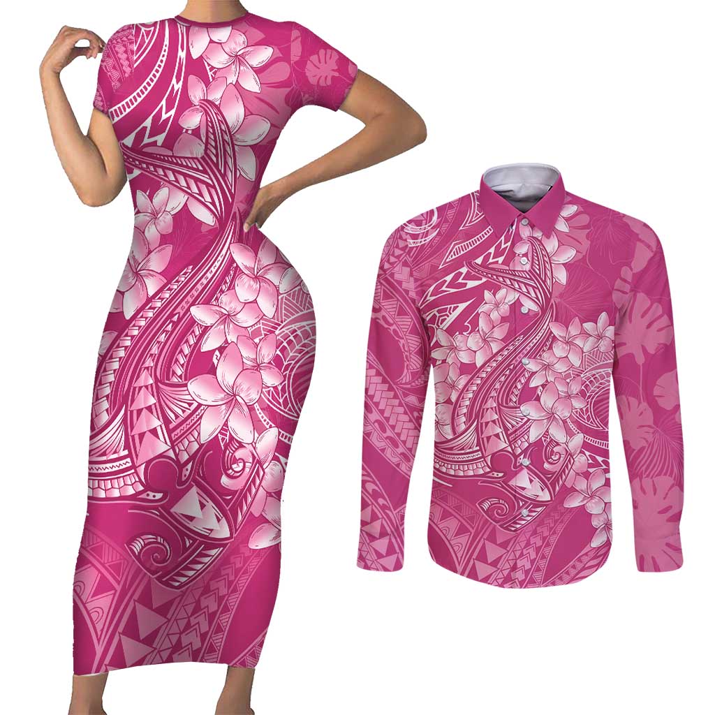 Pink Polynesia Hammerhead Shark Tattoo With Plumeria Lei Couples Matching Short Sleeve Bodycon Dress and Long Sleeve Button Shirt