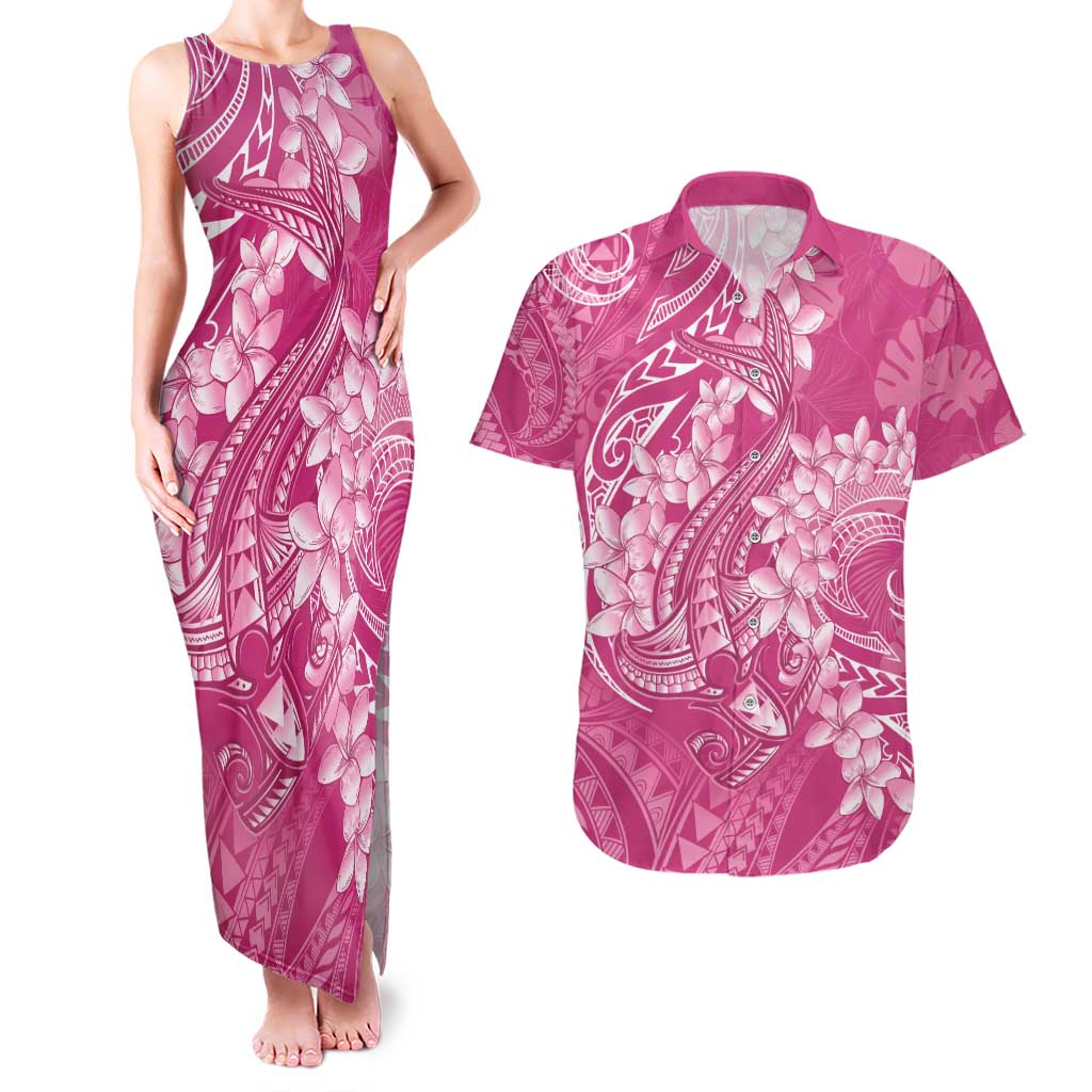 Pink Polynesia Hammerhead Shark Tattoo With Plumeria Lei Couples Matching Tank Maxi Dress and Hawaiian Shirt LT14 Pink - Polynesian Pride