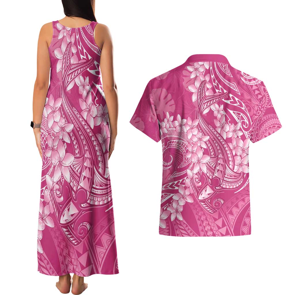 Pink Polynesia Hammerhead Shark Tattoo With Plumeria Lei Couples Matching Tank Maxi Dress and Hawaiian Shirt LT14 - Polynesian Pride