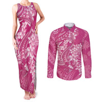 Pink Polynesia Hammerhead Shark Tattoo With Plumeria Lei Couples Matching Tank Maxi Dress and Long Sleeve Button Shirt