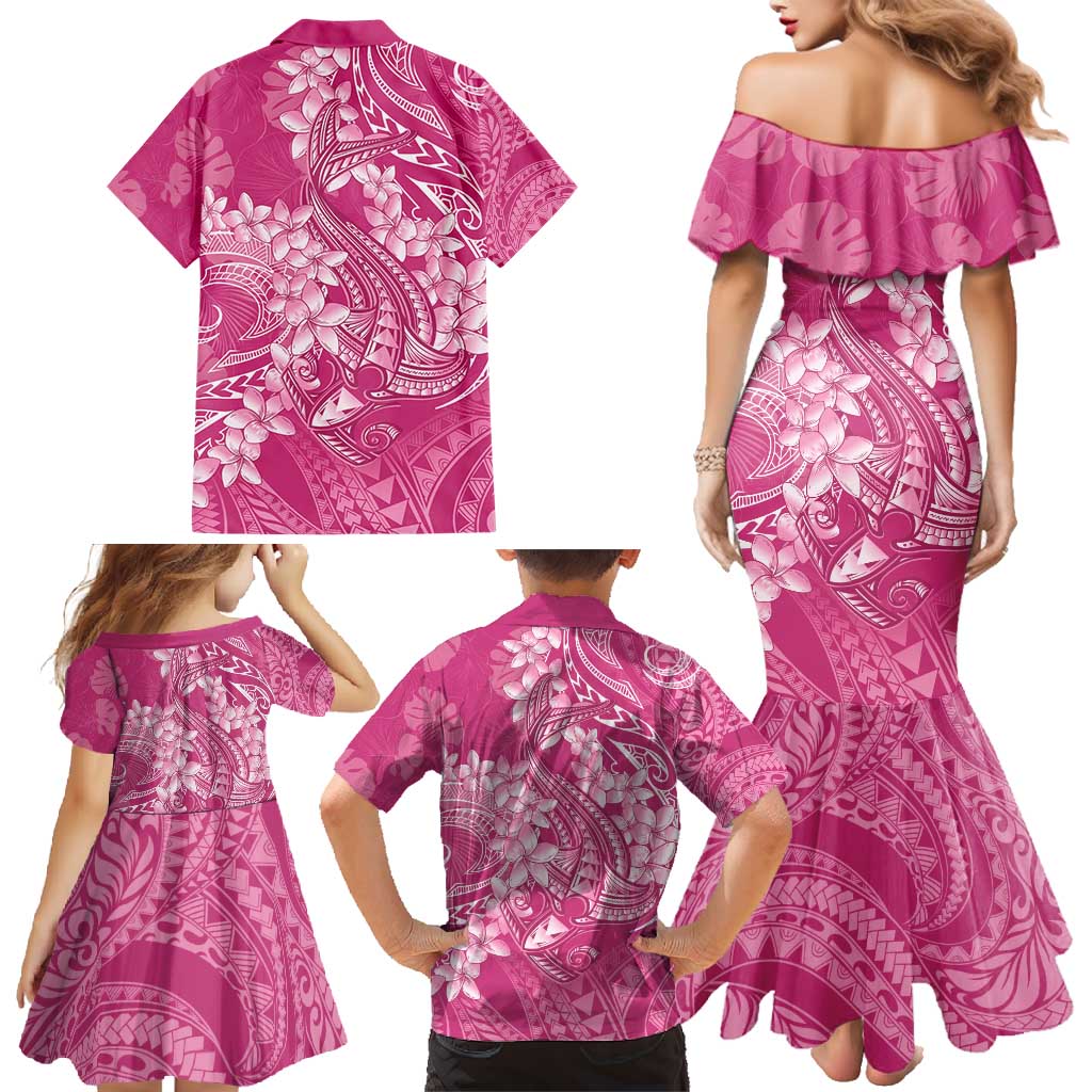 Pink Polynesia Hammerhead Shark Tattoo With Plumeria Lei Family Matching Mermaid Dress and Hawaiian Shirt LT14 - Polynesian Pride