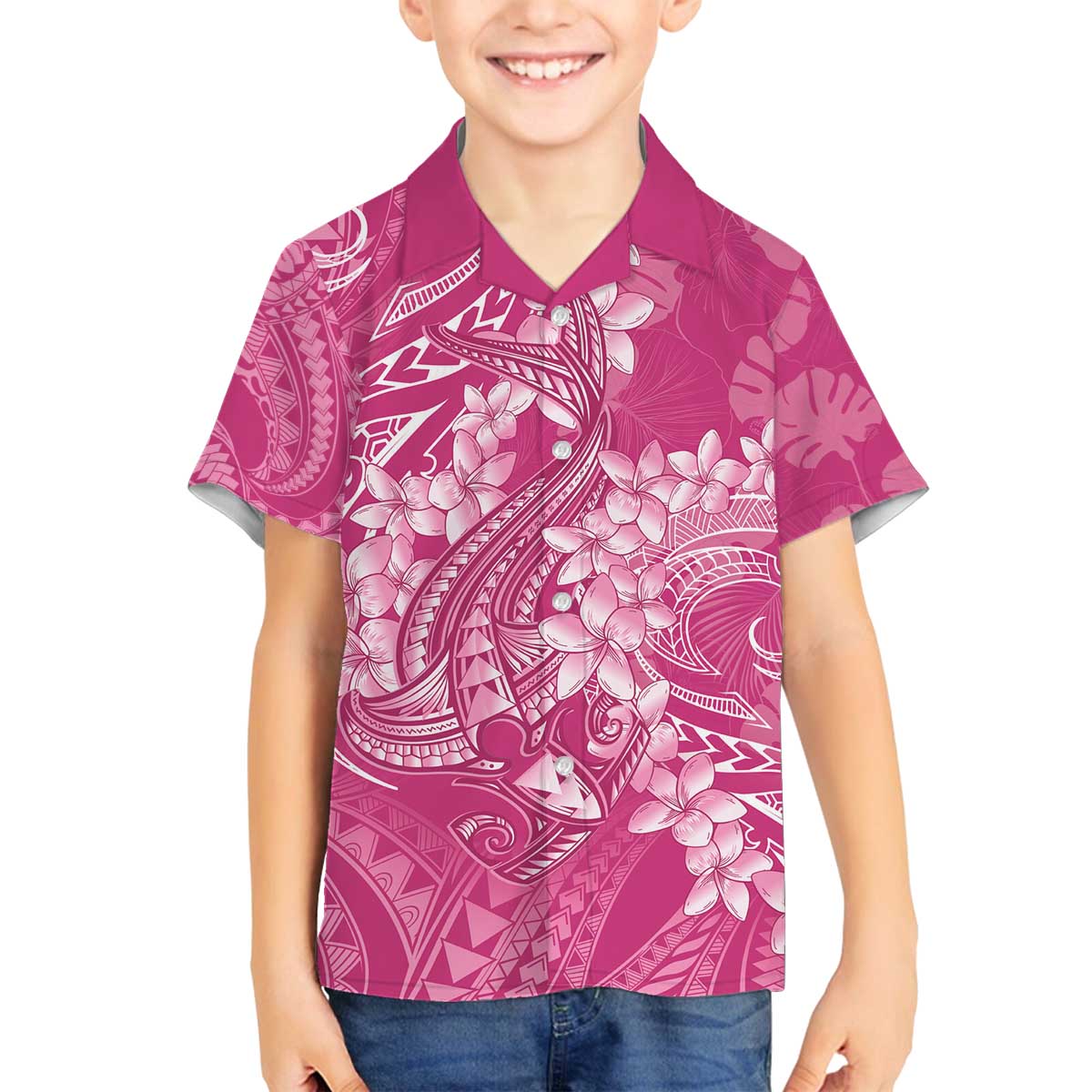 Pink Polynesia Hammerhead Shark Tattoo With Plumeria Lei Family Matching Off The Shoulder Long Sleeve Dress and Hawaiian Shirt LT14 Son's Shirt Pink - Polynesian Pride