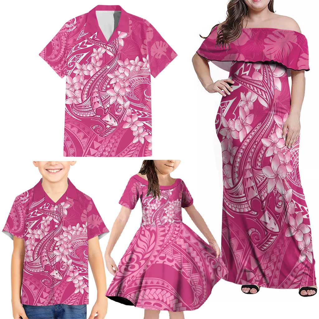 Pink Polynesia Hammerhead Shark Tattoo With Plumeria Lei Family Matching Off Shoulder Maxi Dress and Hawaiian Shirt LT14 - Polynesian Pride