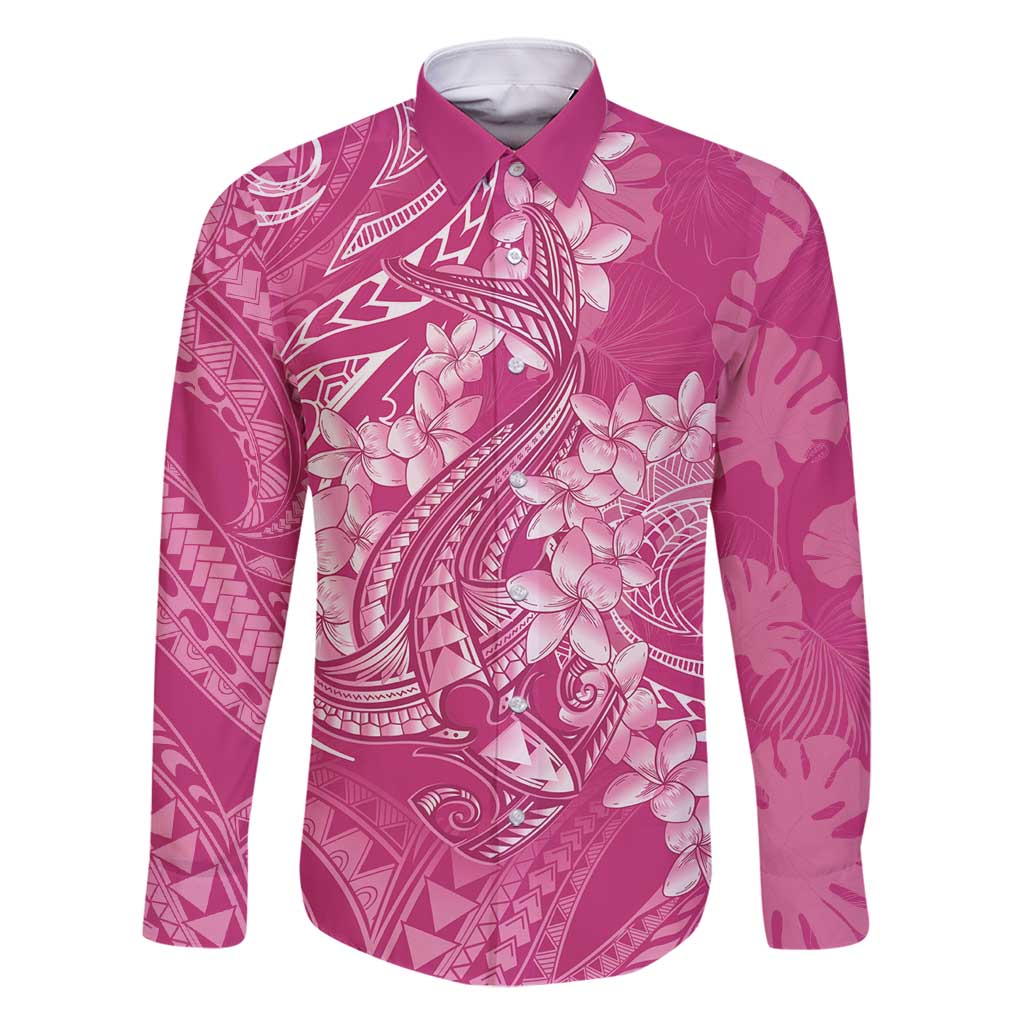 Pink Polynesia Hammerhead Shark Tattoo With Plumeria Lei Family Matching Off Shoulder Maxi Dress and Hawaiian Shirt LT14 Dad's Shirt - Long Sleeve Pink - Polynesian Pride