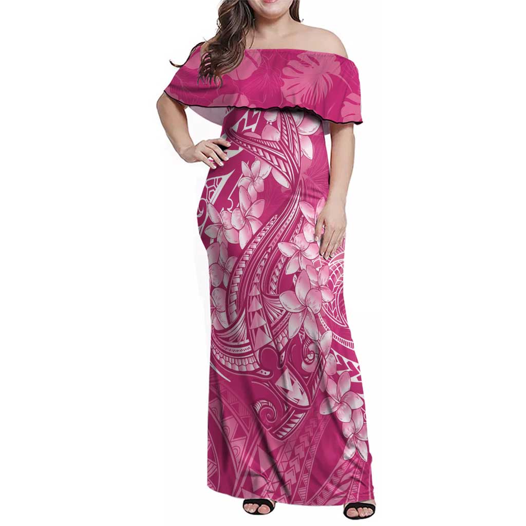 Pink Polynesia Hammerhead Shark Tattoo With Plumeria Lei Family Matching Off Shoulder Maxi Dress and Hawaiian Shirt LT14 Mom's Dress Pink - Polynesian Pride