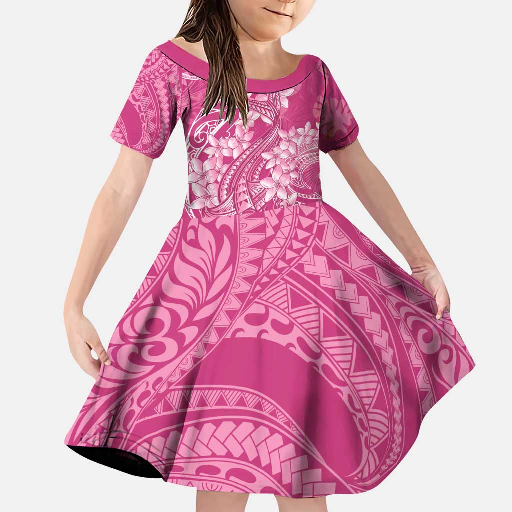 Pink Polynesia Hammerhead Shark Tattoo With Plumeria Lei Family Matching Puletasi and Hawaiian Shirt LT14 Daughter's Dress Pink - Polynesian Pride