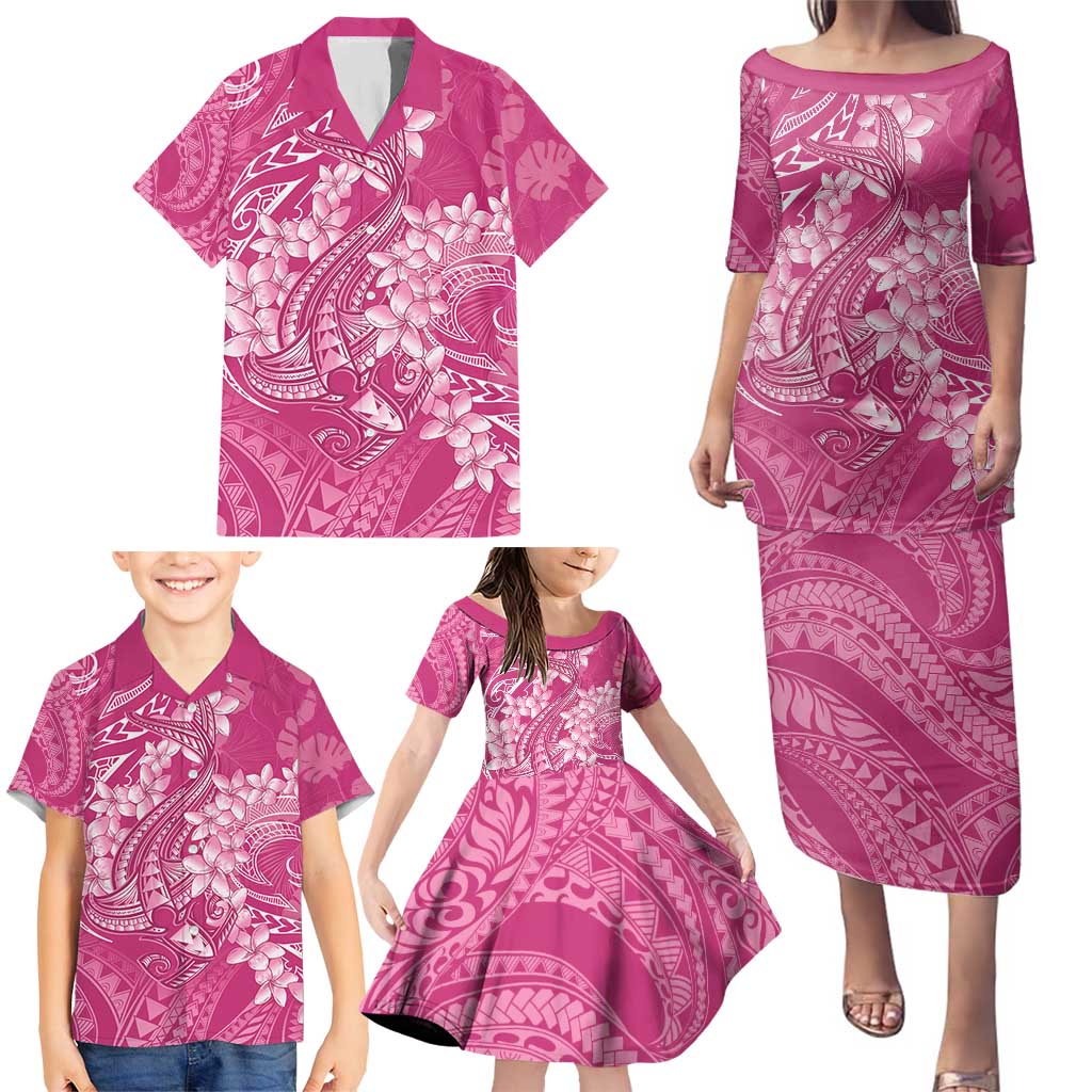 Pink Polynesia Hammerhead Shark Tattoo With Plumeria Lei Family Matching Puletasi and Hawaiian Shirt LT14 - Polynesian Pride