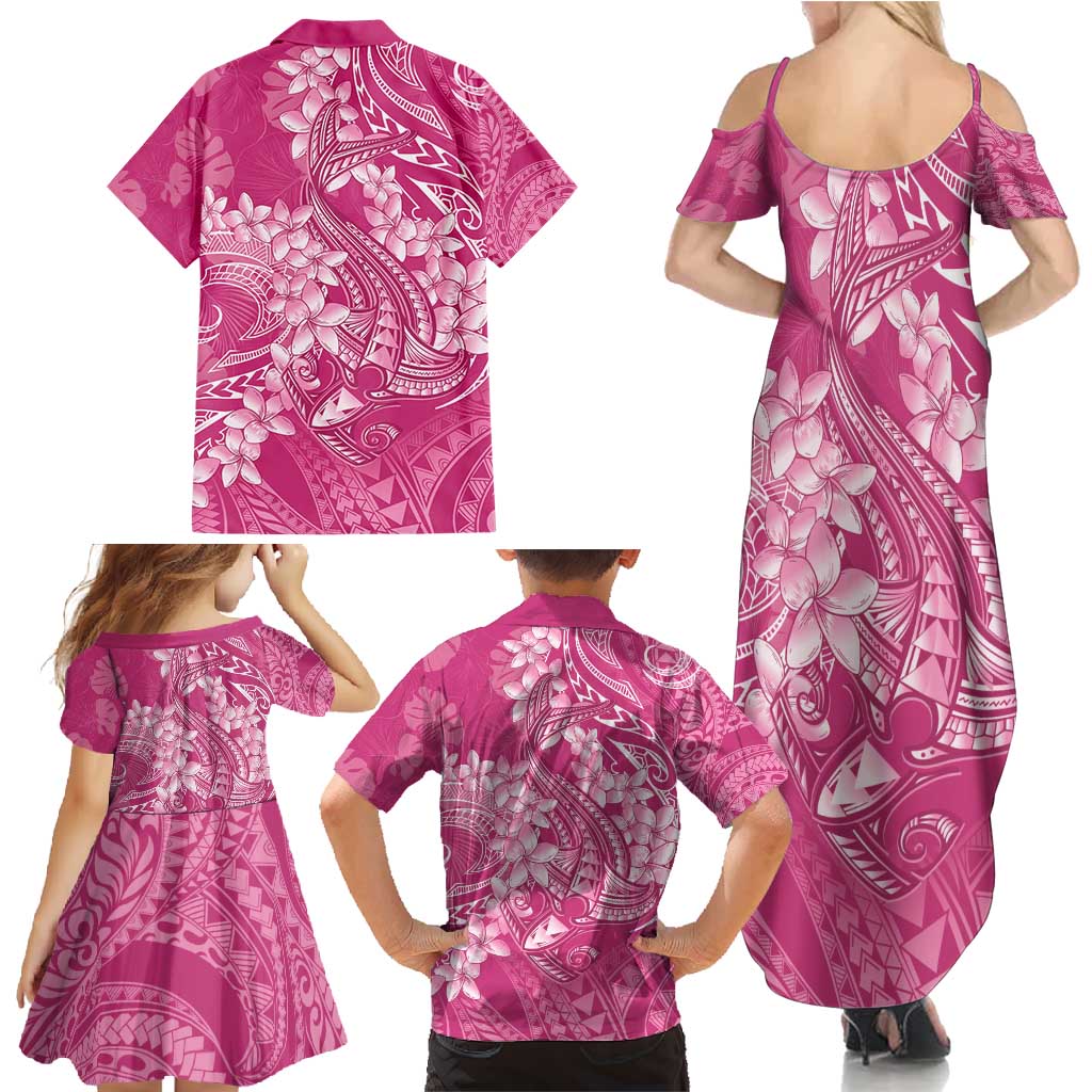 Pink Polynesia Hammerhead Shark Tattoo With Plumeria Lei Family Matching Summer Maxi Dress and Hawaiian Shirt LT14 - Polynesian Pride