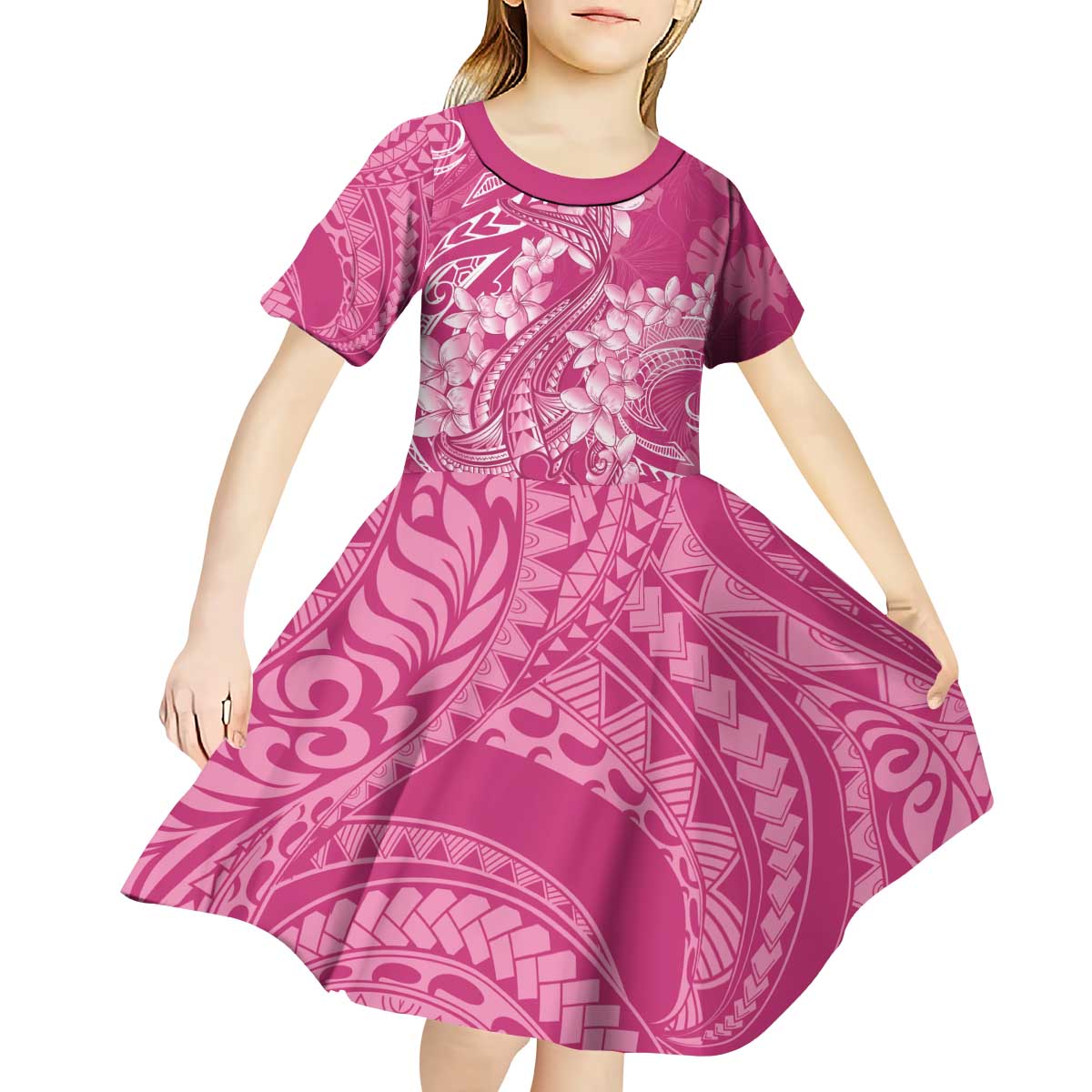 Pink Polynesia Hammerhead Shark Tattoo With Plumeria Lei Kid Short Sleeve Dress
