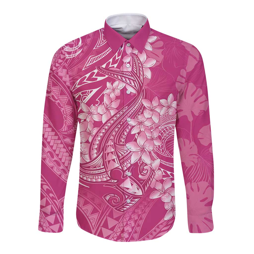 Pink Polynesia Hammerhead Shark Tattoo With Plumeria Lei Long Sleeve Button Shirt