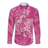 Pink Polynesia Hammerhead Shark Tattoo With Plumeria Lei Long Sleeve Button Shirt