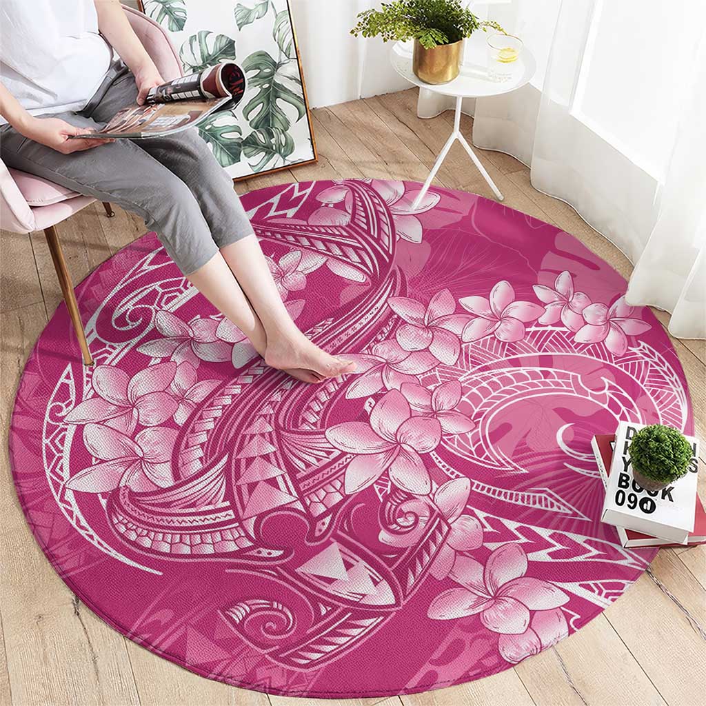 Pink Polynesia Hammerhead Shark Tattoo With Plumeria Lei Round Carpet LT14 - Polynesian Pride