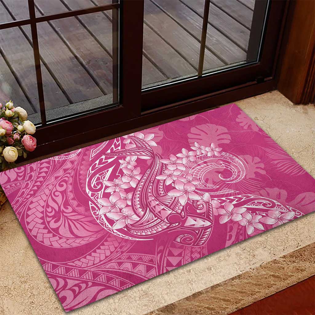 Pink Polynesia Hammerhead Shark Tattoo With Plumeria Lei Rubber Doormat