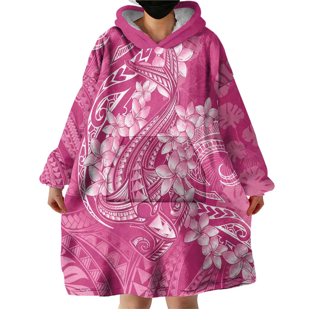 Pink Polynesia Hammerhead Shark Tattoo With Plumeria Lei Wearable Blanket Hoodie LT14 - Polynesian Pride