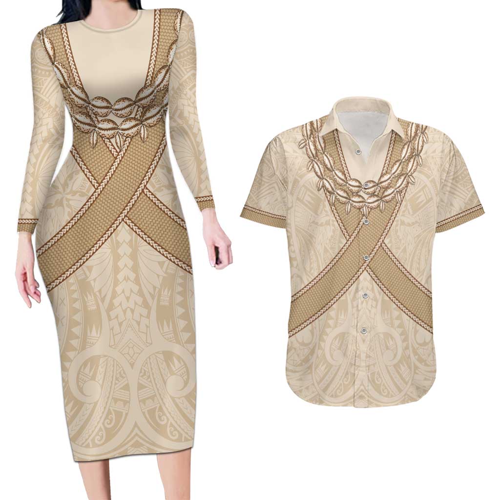 Mauri Ribaberiki Kiribati Couples Matching Long Sleeve Bodycon Dress and Hawaiian Shirt Cowrie Shells Lei Palm Leaf Weaving LT14 Beige - Polynesian Pride