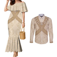 Mauri Ribaberiki Kiribati Couples Matching Mermaid Dress and Long Sleeve Button Shirt Cowrie Shells Lei Palm Leaf Weaving LT14 Beige - Polynesian Pride