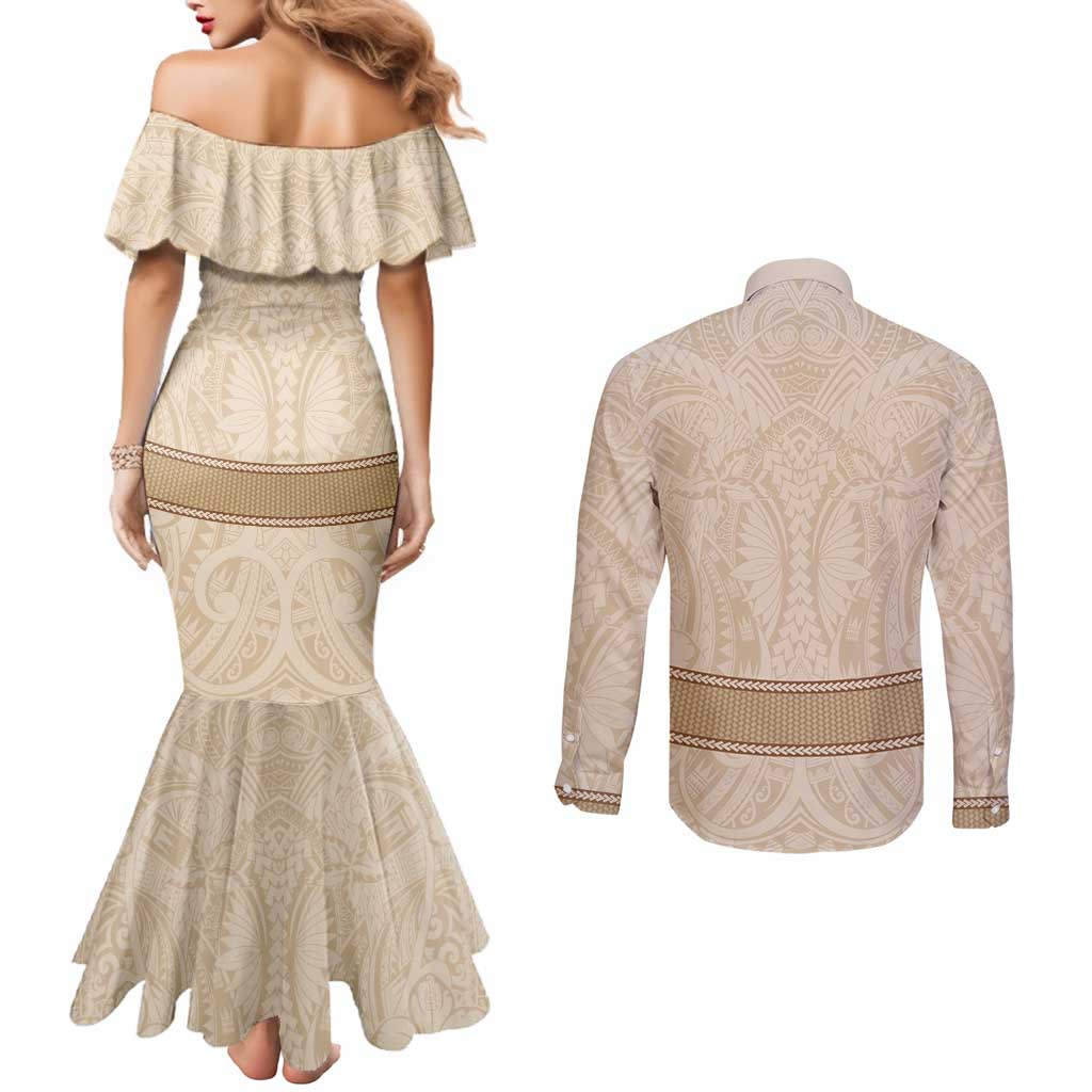 Mauri Ribaberiki Kiribati Couples Matching Mermaid Dress and Long Sleeve Button Shirt Cowrie Shells Lei Palm Leaf Weaving LT14 - Polynesian Pride