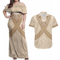 Mauri Ribaberiki Kiribati Couples Matching Off Shoulder Maxi Dress and Hawaiian Shirt Cowrie Shells Lei Palm Leaf Weaving LT14 Beige - Polynesian Pride