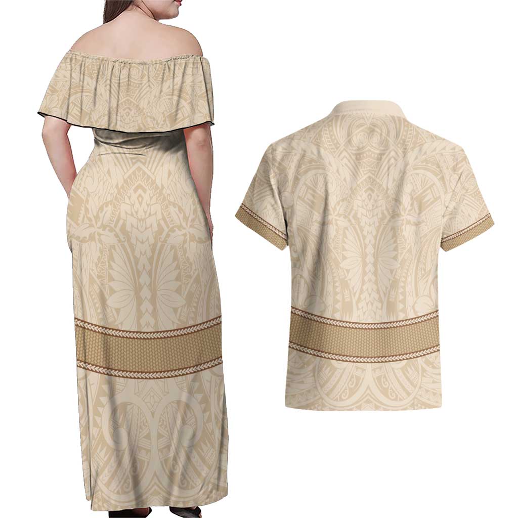 Mauri Ribaberiki Kiribati Couples Matching Off Shoulder Maxi Dress and Hawaiian Shirt Cowrie Shells Lei Palm Leaf Weaving LT14 - Polynesian Pride
