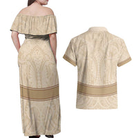 Mauri Ribaberiki Kiribati Couples Matching Off Shoulder Maxi Dress and Hawaiian Shirt Cowrie Shells Lei Palm Leaf Weaving LT14 - Polynesian Pride