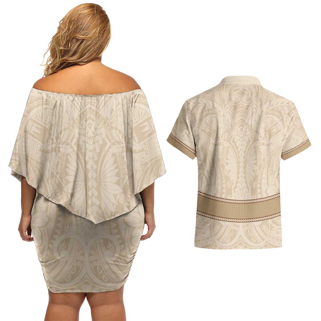 Mauri Ribaberiki Kiribati Couples Matching Off Shoulder Short Dress and Hawaiian Shirt Cowrie Shells Lei Palm Leaf Weaving LT14 - Polynesian Pride
