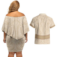 Mauri Ribaberiki Kiribati Couples Matching Off Shoulder Short Dress and Hawaiian Shirt Cowrie Shells Lei Palm Leaf Weaving LT14 - Polynesian Pride