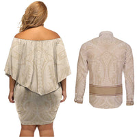 Mauri Ribaberiki Kiribati Couples Matching Off Shoulder Short Dress and Long Sleeve Button Shirt Cowrie Shells Lei Palm Leaf Weaving LT14 - Polynesian Pride