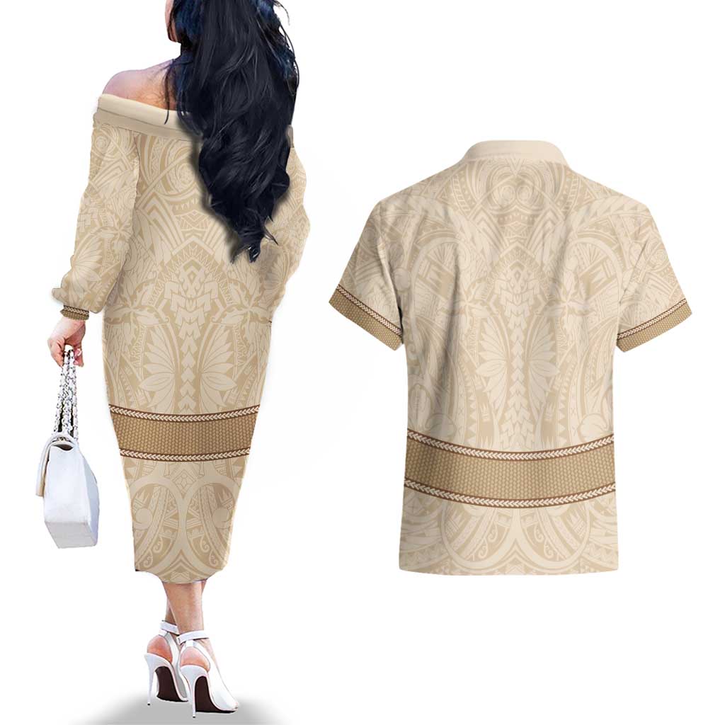 Mauri Ribaberiki Kiribati Couples Matching Off The Shoulder Long Sleeve Dress and Hawaiian Shirt Cowrie Shells Lei Palm Leaf Weaving LT14 - Polynesian Pride